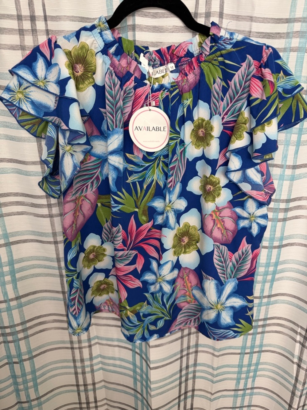 AVAILABLE Womens Blue Tropical Floral Ruffle Sleeve Blouse